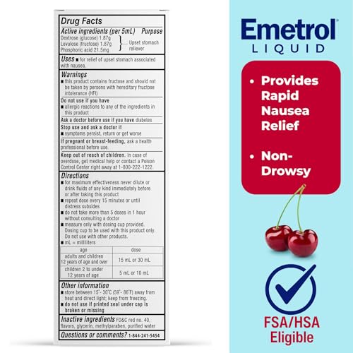 Emetrol Non-Drowsy Nausea Relief - Liquid Medicine for Upset Stomach Relief - Pharmacist Recommended Nausea Medicine - Cherry Flavor - 4fl oz